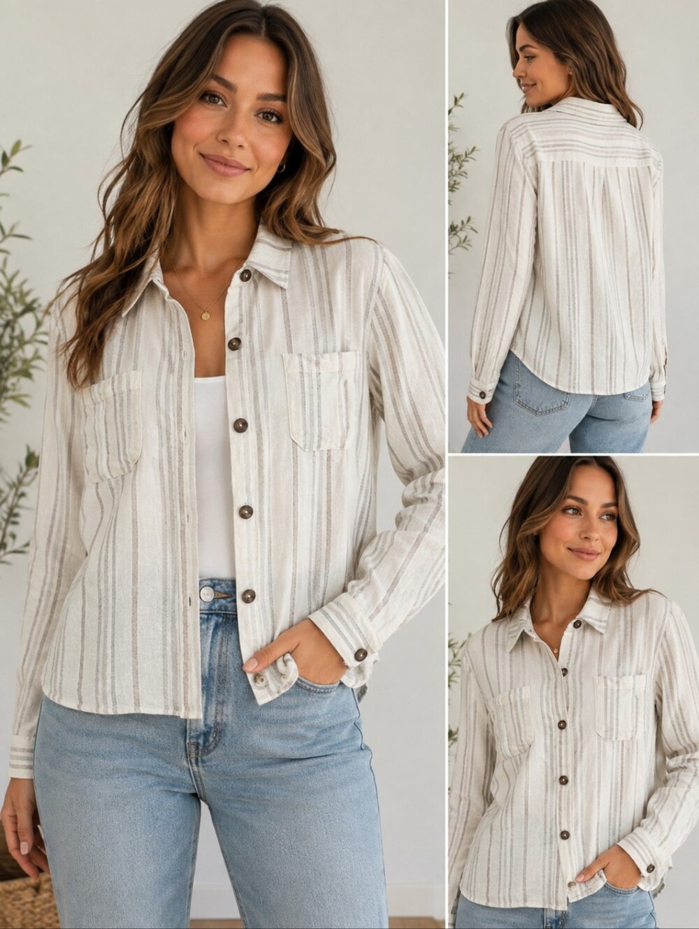 Cable & Gauge Cream and Gray Striped Linen Blend Top